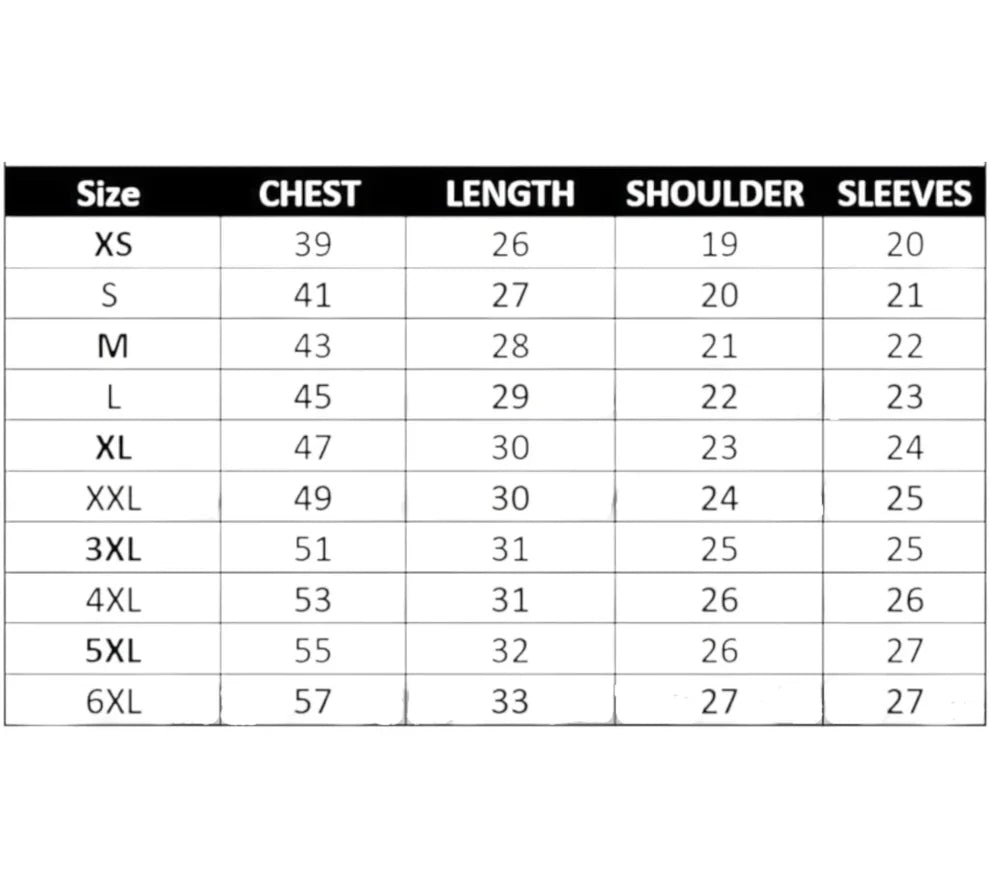 Shirt Size chart Xtreme Race Gear