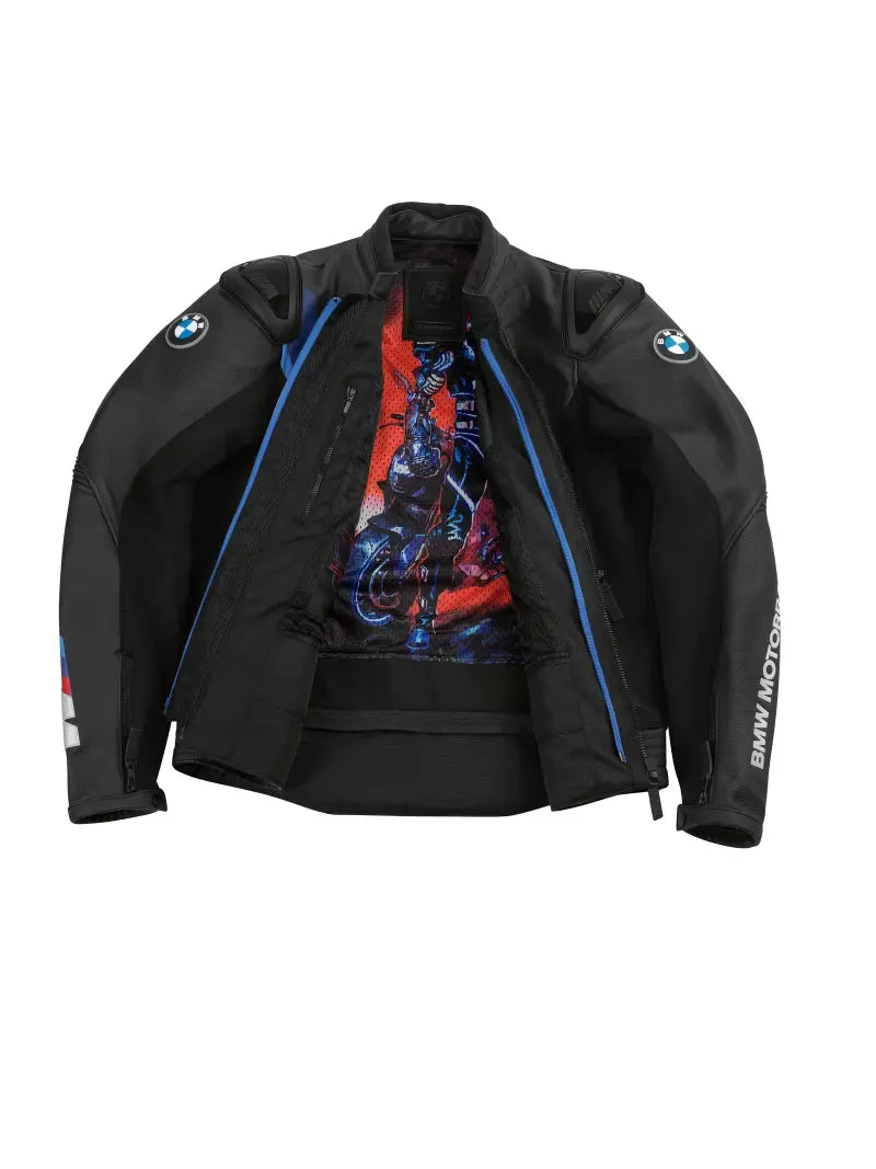 bmw-downforce-mens-black-leather-riding-jacket-front open xtreme race gear