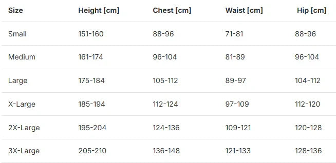 TREME RACEGEAR SIZE CHART