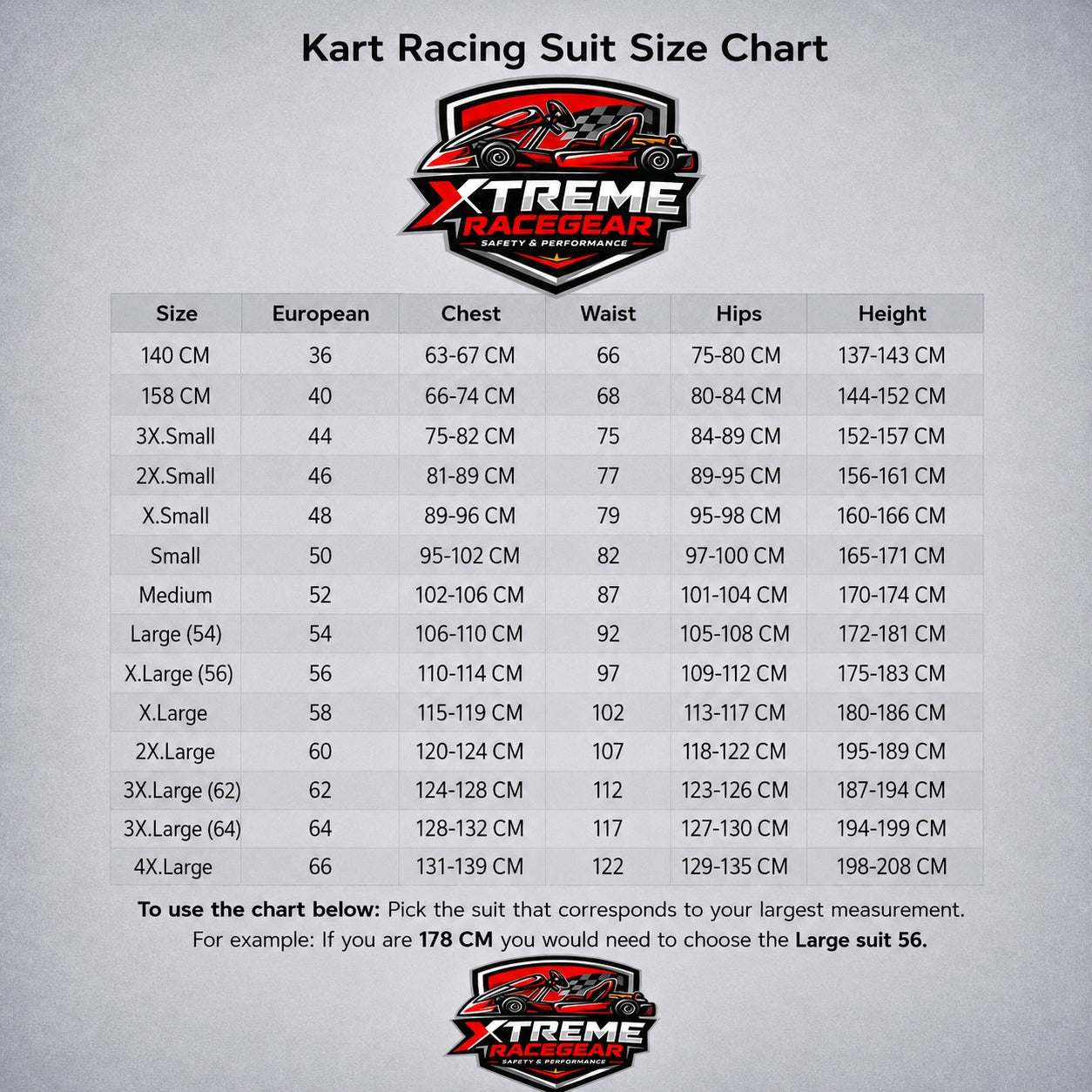Size chart Xtreme Racegear